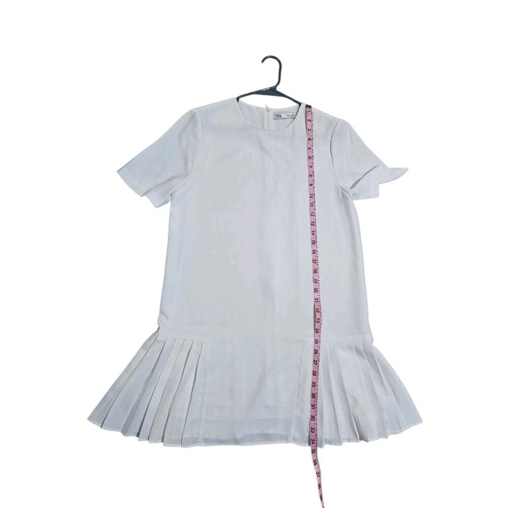Zara White Pleated Hem Shift Dress Minimalist Mod Short Sleeve Large Preppy - Picture 6 of 6